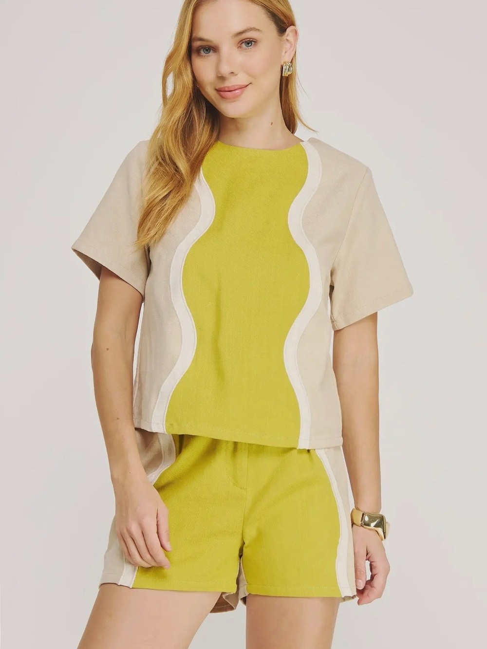 Neutral & Lime Green Wavy-Panel Top and Short Set